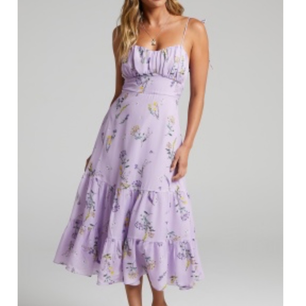 showpo purple MONACO SWEETHEART MIDI DRESS IN LAVENDER BOTANICAL FLORAL